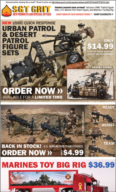Example of email design. Email features Marine action figures.