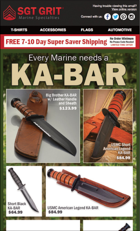 Example of mobile-friendly email design. Email features various KA-BAR knives.