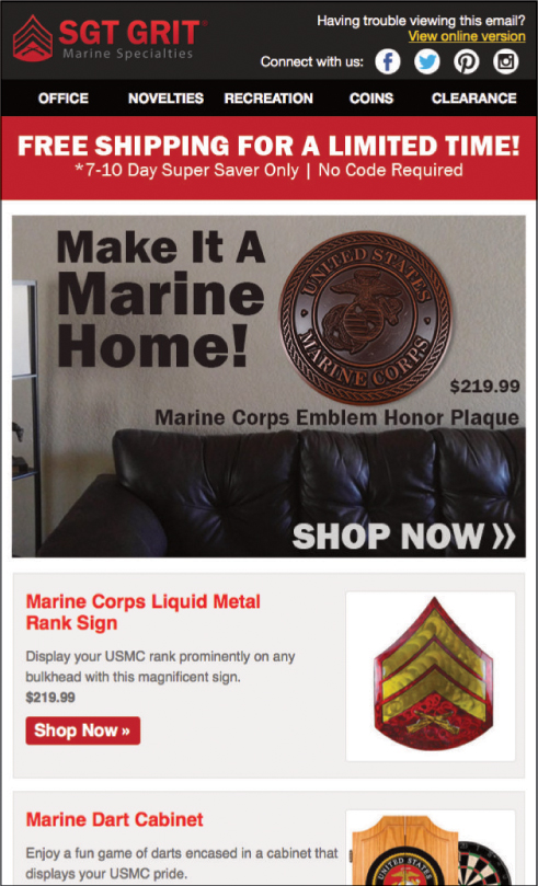 Example of mobile-friendly email design. Email features Marine plaques, signs, and more.