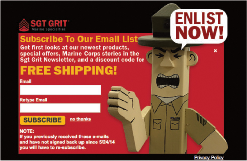 Mockup of modal that prompted site visitors to sign up for the Sgt Grit email list.
