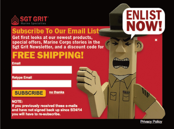 Email Signup modal mockup providing visitors with overview of the purpose of the Sgt Grit product emails.