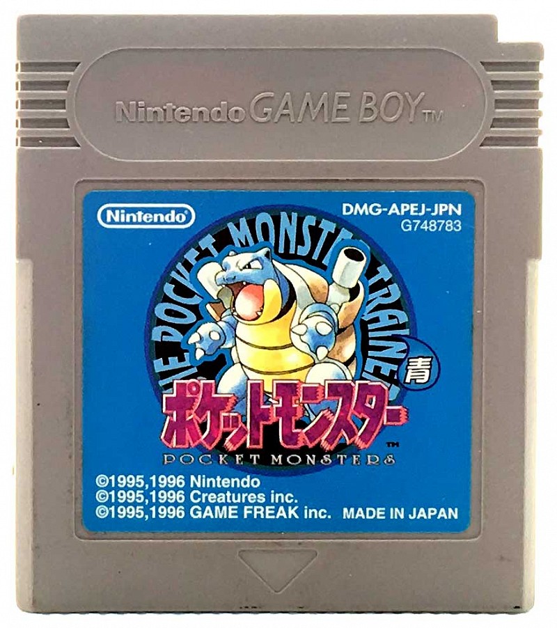 Photo of gray Game Boy game cartridge for Pokemon (Blue Version)